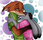 anthro bodily_fluids clothed clothing comforting crying duo eyes_closed female fur gloves_(marking) grey_body grey_fur head_grab hug larger_anthro larger_male male male/female markings pattern_clothing pattern_shirt pattern_topwear plaid plaid_clothing plaid_shirt plaid_topwear predator/prey shirt size_difference smaller_anthro smaller_female tears topwear holmssie disney zootopia judy_hopps nick_wilde canid canine fox lagomorph leporid mammal rabbit red_fox true_fox 2017 hi_res signature