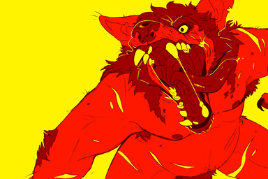 anthro beard bodily_fluids claws dripping eyebrows facial_hair fangs front_view glistening glistening_tongue goatee male mouth_shot nipples open_mouth overweight overweight_anthro overweight_male pubes saliva saliva_drip saliva_string simple_background solo teeth tongue tongue_out unsigned wide_eyed yellow_background swampjaws canid canine mammal 3:2 restricted_palette