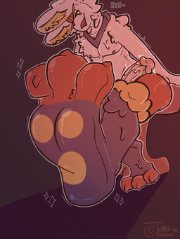 3_toes anthro big_butt blue_nipples butt dominant dominant_anthro dominant_male feet femboy foot_fetish foot_focus foot_play fur genitals glistening glistening_body glistening_pawpads grin hindpaw low-angle_view male nipples nude pawpads paws penis red_body red_eyes red_fur smile smug smug_face smug_grin solo sparkles thick_thighs throbbing throbbing_penis toes wide_hips worm's-eye_view yellow_body yellow_fur judasthesinner nintendo pokemon cinderace generation_8_pokemon lagomorph leporid mammal pokemon_(species) rabbit 3:4 hi_res
