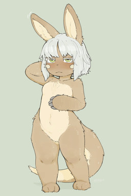 3_toes 5_fingers anthro bangs biped blush blush_lines bob_cut breasts claw_fingers claws collarbone countershading eyelashes facial_markings featureless_breasts featureless_crotch feet female female_anthro fingers front_view fur green_background green_eyes grey_claws hair hand_behind_head head_markings horizontal_pupils markings mouth_closed nude nude_anthro nude_female plantigrade pupils simple_background small_breasts solo tail tan_body tan_ears tan_fur tan_inner_ear tan_tail tapering_tail toes white_eyelashes white_hair plinkgrn made_in_abyss nanachi mammal narehate 2026 full-length_portrait hi_res portrait signature