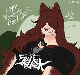 ambiguous_gender anthro band_merch band_shirt bed black_hair brown_hair chibi clothing duo facial_hair facial_piercing female feral freckles furniture green_background grey_highlights hair hair_over_eyes heart_symbol highlights_(coloring) holidays inner_ear_fluff lip_piercing long_hair lying lying_on_bed male male/female muscle_tone muscular muscular_anthro muscular_male neonate nose_piercing nose_ring notched_ear on_back on_bed piercing print_clothing print_shirt print_t-shirt print_topwear ring_piercing septum_piercing septum_ring shirt sideburns simple_background snakebite_piercing t-shirt text text_on_clothing text_on_shirt text_on_topwear topwear torn_clothing torn_shirt torn_topwear tuft young young_ambiguous young_feral wonderslug father's_day mythology anise_(wonderslug) ruben_(wonderslug) canid canine mammal mythological_canine mythological_creature werecanid werecanine werecreature werewolf english_text hi_res daughter_(lore) father_(lore) father_and_child_(lore) father_and_daughter_(lore) parent_(lore) parent_and_child_(lore) parent_and_daughter_(lore)