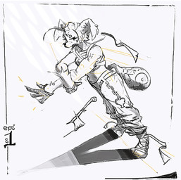 ambiguous_gender anthro axe bandage bandaged_chest bandaged_foot bottomwear clothing female head_wings oversized_bottomwear oversized_clothing oversized_pants pants simple_background solo stretching unusual_wing_placement weapon wings rosiamn epidriph_(rosiamn) canid canine mammal hi_res sketch