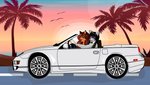 anthro black_body black_fur black_hair black_nose brown_hair cabriolet car driving duo eyewear fangs fur glasses grey_body grey_fur grey_nose hair happy hime_cut inside_car male male/male orange_body orange_fur palm_tree plant road sea smile sunglasses sunset teeth tree vehicle water renardgia nissan nissan_300zx ederex matija canid canine canis mammal wolf absurd_res hi_res