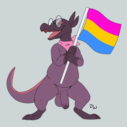 3_fingers 3_toes anthro balls biped black_eyes black_eyewear black_glasses eyewear feet fingers flaccid flag flag_(object) foreskin genitals glans glasses gloves_(marking) grey_background holding_flag holding_object humanoid_genitalia humanoid_penis kerchief leg_markings lgbt_pride logo looking_up male male_anthro markings mostly_nude mostly_nude_anthro mostly_nude_male multicolored_tail neckerchief neckwear open_mouth open_smile pansexual_pride_colors partially_retracted_foreskin penis pink_kerchief pink_neckerchief pride_color_flag pride_colors purple_balls purple_body purple_penis purple_tail red_sclera red_tail round_glasses simple_background smile socks_(marking) solo standing tail tapering_tail toes tongue wearing_glasses darkwolf79 nintendo pokemon edwin_(mechagoomba) generation_7_pokemon pokemon_(species) salandit scalie 1:1 2026 absurd_res artist_logo digital_drawing_(artwork) digital_media_(artwork) hi_res
