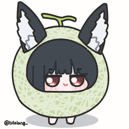 bangs black_hair blunt_bangs chibi female food food_costume fruit furgonomics hair melon plant red_eyes simple_background smile solo white_background lulalang mihoyo zenless_zone_zero hoshimi_miyabi animal_humanoid canid canid_humanoid canine canine_humanoid fox_humanoid humanoid mammal mammal_humanoid 1:1 2026 hi_res
