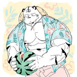 abs anthro biceps clothed clothing food fruit fur kemono leucistic male melon muscular muscular_anthro muscular_male nipples open_clothing open_shirt open_topwear pecs plant shirt solo topwear watermelon syukapong felid mammal pantherine tiger 1:1 2018 digital_media_(artwork)
