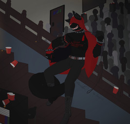 anthro black_body black_fur clothing collar fur gesture homophobic_slur inside leash leash_pull leashed_collar male open_mouth party slur solo suggestive suggestive_gesture tail tongue tongue_out translucent translucent_clothing flannel_(artist) canid canine canis mammal wolf absurd_res hi_res