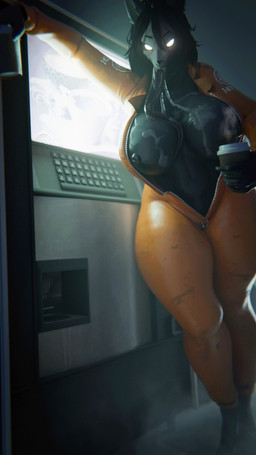 anthro areola big_breasts black_body black_fur black_hair bodily_fluids bodysuit bone breasts bright_eyes clothed clothed_anthro clothed_female clothing coffee_cup container cum cum_on_breasts cup exposed_breasts female fur genital_fluids hair jumpsuit leaning_on_wall long_tongue open_suit orange_bodysuit orange_clothing orange_skinsuit partially_clothed seductive skinsuit skull skull_head solo tight_clothing tongue tongue_on_breast tongue_out white_eyes ghostoast bom39_(modeler) scp_foundation scp-1471-a scp-294 canid canine canis malo mammal 3d_(artwork) digital_media_(artwork) hi_res