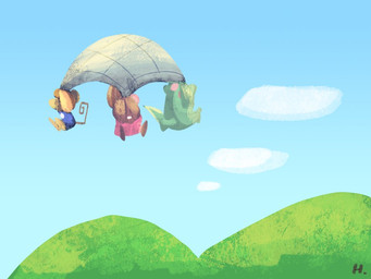 anthro biped blue_body brown_body brown_hair chibi clothed clothing cloud group hair mountain hikari_gamba gamba_no_bouken gamba_no_bouken_(series) bobo_(gamba_no_bouken) chuuta ikasama mammal mouse murid murine rodent 2024 4:3