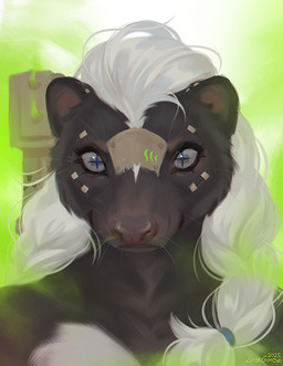anthro black_body black_fur cross_pupils female female_anthro fur glistening glistening_eyes hair long_hair mouth_closed simple_background solo whiskers white_body white_fur white_hair lostgoose mammal mephitid skunk 2025 bust_portrait dated hi_res portrait signature