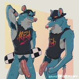 anthro armpit_fetish armpit_hair athletic athletic_anthro athletic_male backwards_baseball_cap backwards_hat balls barbell_piercing baseball_cap big_penis biped blue_body blue_fur body_hair bottomless bottomless_male circular_barbell_piercing clothed clothing erection eyebrows facial_piercing foreskin fur furgonomic_headwear furgonomics genitals glans hat headgear headwear humanoid_genitalia humanoid_penis looking_at_viewer male nose_piercing nose_ring partially_retracted_foreskin penis piercing pubes ring_piercing septum_circular_barbell septum_piercing shirt shirt_only skateboard skater solo tail tank_top tank_top_only topwear topwear_only vehicle vein veiny_penis diamobster epic_games fortnite kd_rattical_(fortnite) mammal murid murine rat rodent 1:1 alternate_version_at_paywall hi_res