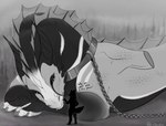 anthro chain claws duo feral fur paws scales spines padjetxharrington mythology padjet_harrington dragon mythological_creature mythological_scalie scalie wingless_dragon 2022 digital_media_(artwork) monochrome