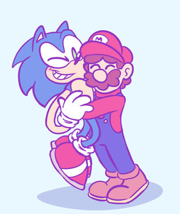 anthro blue_body blue_skin brown_hair clothing duo footwear gloves hair handwear hug male one_eye_closed shoes smile teeth dog22322 mario_bros nintendo sega sonic_the_hedgehog_(series) mario sonic_the_hedgehog eulipotyphlan hedgehog human mammal 2018 crossover hi_res