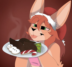 anthro christmas_clothing christmas_cookies christmas_headwear clothing cookie crop_top eyewear feces feces_as_food feces_on_plate feces_pile food fur glasses gradient_background green_eyes hair hat headgear headwear holding_object holding_plate holidays inner_ear_fluff long_ears long_hair male narrowed_eyes orange_body orange_fur orange_hair pink_clothing pink_crop_top pink_shirt pink_topwear plate red_background santa_hat scatplay shirt simple_background smile solo steam steaming_feces tan_body tan_fur tan_inner_ear_fluff text tongue tongue_out topwear tuft wearing_glasses bipbopstunk christmas lagomorph leporid mammal rabbit artist_name hi_res