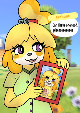 accessory anthro bodily_fluids cum cum_on_face cum_on_penis dialogue ejaculation embarrassed female floating_heart genital_fluids genitals handjob heart_eyes heart_symbol penile penis photo sex solo speech_bubble talking_to_viewer anykoe animal_crossing nintendo isabelle_(animal_crossing) canid canine mammal absurd_res hi_res signature