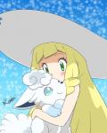 ambiguous_gender blonde_hair blue_background blue_eyes clothing daww duo female fur green_eyes hair hat headgear headwear simple_background snow white_body white_fur crystal_hakuyu nintendo pokemon lillie_(pokemon) pokemon_trainer snowy_(pokemon) alolan_form alolan_vulpix canid canine generation_7_pokemon human mammal pokemon_(species) regional_form_(pokemon) 4:5 hi_res