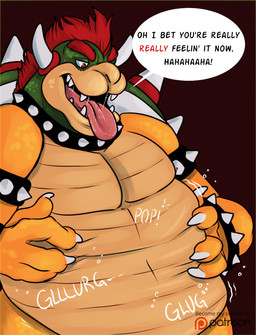 2_horns 4_fingers abdominal_bulge anthro anthro_pred armband athletic athletic_anthro athletic_male belly big_belly black_background bodily_fluids bodily_noises bracelet bubble claws collar collar_only derived_sound_effect dialogue different_sound_effects digestion drooling eyebrows fangs finger_claws fingers glurgle green_body green_scales hair hand_on_belly highlighted_text holding_belly horn jewelry laugh male male_pred motion_lines multicolored_body multicolored_scales nude offscreen_character onomatopoeia open_mouth open_smile oral_vore pecs pink_tongue pop_(sound_effect) red_eyebrows red_eyes red_hair rumbling_stomach saliva scales sharp_teeth shell simple_background smile soft_vore solo sound_effect_variant sound_effects speech_bubble spiked_armband spiked_bracelet spiked_collar spiked_shell spikes spikes_(anatomy) talking_to_another talking_to_prey tan_body tan_scales teasing teeth text text_emphasis tongue tongue_out ventral_scales vore white_claws yellow_body yellow_scales finalroar mario_bros nintendo bowser koopa reptile scalie 2015 digital_media_(artwork) english_text watermark