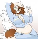 anthro belly big_breasts breasts cellphone clothed clothing collarbone deep_navel electronics eyewear female glasses green_eyes hand_behind_head lying midriff navel on_back pajamas phone pillow shirt slightly_chubby solo topwear boxollie bailey_(boxollie) bird_dog canid canine canis cavalier_king_charles_spaniel domestic_dog hunting_dog mammal spaniel toy_dog 2017 digital_media_(artwork) hi_res