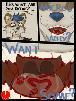 anthro blood blood_drip blood_in_mouth bodily_fluids chewing dripping drooling gore hard_vore macro male micro mouth_shot open_mouth saliva size_difference teeth text tongue vore ratfucker616 donnie_(sugarpunk) mammal procyonid raccoon 3:4 comic english_text