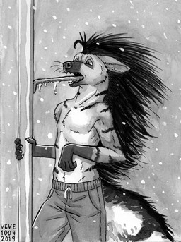 5_fingers anthro biped bottomwear clothed clothing fangs fingers fur glistening glistening_nose gloves_(marking) male mane markings open_mouth pants pole snow snowing solo standing striped_body striped_fur stripes teeth tongue tongue_out tongue_stuck topless skyelegs aardwolf hyena mammal 2019 greyscale monochrome signature traditional_media_(artwork)