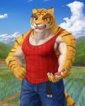 anthro belt biceps big_muscles biped bottomwear claws clothed clothing eyebrows fully_clothed hand_on_hip looking_at_viewer male markings muscular muscular_anthro muscular_male nipples one_eye_closed open_mouth pants pecs shirt solo standing stripes tank_top teeth thick_eyebrows tight_clothing topwear wink gawein-dragon gomibako morenatsu torahiko_(morenatsu) felid mammal pantherine tiger 2013