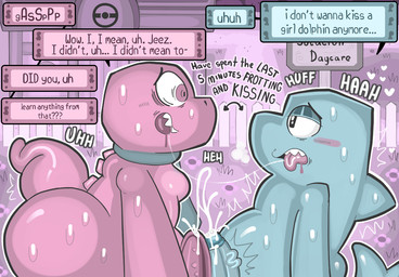 anthro biped blue_body blush bodily_fluids butt detailed_background dialogue erection genitals kissing male male/male nude penis pink_body saliva saliva_string sharp_teeth speech_bubble sweat teeth text koalarobot_(artist) gameoverse glitch_productions flappers_(gameoverse) gobbles_(gameoverse) aquatic cetacean dinosaur dolphin mammal prehistoric_species reptile scalie toothed_whale 2026 digital_media_(artwork) english_text story story_in_description