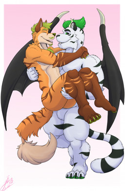 anthro carrying_another carrying_partner duo eyes_closed feet fingers fur hair holding_partner male membrane_(anatomy) membranous_wings nude open_mouth simple_background smile standing stripes tail teeth toes white_body wings likangel canid canine felid fox mammal pantherine tiger digital_media_(artwork) hi_res
