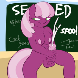animal_genitalia animal_penis anthro anthrofied areola balls biped bodily_fluids breasts classroom cum cumshot ejaculation equine_genitalia equine_penis erection fur genital_fluids genitals green_eyes gynomorph hair inside intersex masturbation multicolored_hair nipples orgasm penile penile_masturbation penis purple_body purple_fur school sitting smile solo tail text two_tone_hair unprofessional_behavior lamiaaaa friendship_is_magic hasbro my_little_pony cheerilee_(mlp) earth_pony equid equine horse mammal pony 1:1 2012 digital_media_(artwork) english_text hi_res portrait three-quarter_portrait