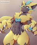 ambiguous_gender anthro black_body black_fur blue_body blue_eyes blue_fur claws felid fur generation_7_pokemon legendary_pokemon mammal nintendo nurinaki pokemon pokemon_(species) solo yellow_body yellow_fur zeraora