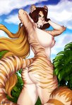 anthro big_breasts blue_eyes breasts brown_hair butt cloud day detailed_background fangs female fur green_eyes hair heterochromia long_hair long_tail looking_at_viewer nipples nude pink_nipples pink_nose plant presenting presenting_hindquarters sabertooth_(anatomy) solo striped_body striped_fur stripes tail teeth pizhma sericum_(lord-eredar) domestic_cat felid feline felis hybrid mammal prehistoric_species saber-toothed_tiger smilodon 2020 digital_media_(artwork) digital_painting_(artwork) hi_res portrait three-quarter_portrait