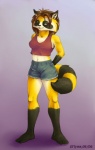 anthro biped black_body black_fur black_nose bottomwear breasts brown_eyes brown_hair clothing denim denim_clothing female fluffy fluffy_tail front_view fur gloves_(marking) hair hands_behind_back leg_markings looking_at_viewer markings midriff navel short_hair shorts smile socks_(marking) solo standing stripes tail white_body white_fur yellow_body yellow_fur snoot_(artist) honey_(snoot) mammal procyonid raccoon 2006