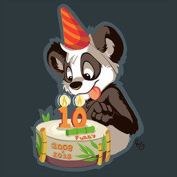 anthro bamboo black_body black_fur black_nose blue_background cake candle closed_smile clothing dessert food fur glistening glistening_eyes hat headgear headwear logo male mouth_closed party_hat red_tongue simple_background smile solo tongue tongue_out white_body white_fur young young_anthro young_male pandapaco parinton bear giant_panda mammal 1:1 artist_logo signature