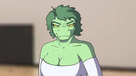 angry annoyed anthro armwear big_breasts biped breasts clothing dress eyelashes female freckled_chest freckled_face freckled_shoulders freckles front_view glare glaring_at_viewer green_body green_hair grey_eyes gymnasium hair half-closed_eyes inside long_eyelashes looking_at_viewer narrowed_eyebrows narrowed_eyes non-mammal_breasts short_hair solo white_armwear white_clothing white_dress yellow_sclera sebek_fereh_ra cavemanon_studios i_wani_hug_that_gator olivia_halford baryonyx dinosaur prehistoric_species reptile saurischian scalie spinosaurid theropod 16:9 bust_portrait colored hi_res portrait shaded widescreen