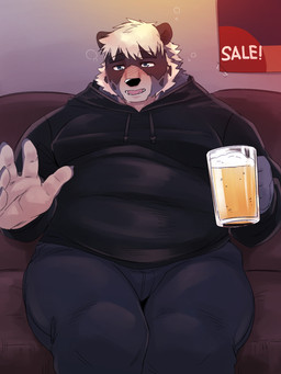 alcohol anthro beer belly beverage clothing detailed_background drunk furniture hoodie humanoid_hands kemono male overweight overweight_anthro overweight_male sitting sofa solo substance_intoxication topwear kumao bear mammal 2020 3:4 hi_res