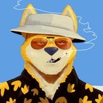 anthro blue_background cigarette clothed clothing eyewear front_view hat headgear headwear male open_mouth shirt simple_background smoke solo sunglasses teeth topwear moronsuka canid canine canis domestic_dog herding_dog mammal pastoral_dog welsh_corgi 1:1 2022 digital_media_(artwork) hi_res shaded