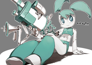 5_fingers blue_eyes bottomwear clothing female fingers green_body holding_object holding_weapon machine midriff navel not_furry perspective pigtails simple_background sitting smile solo text topwear unusual_navel weapon white_body ysk! my_life_as_a_teenage_robot nickelodeon jenny_wakeman humanoid robot 2015 english_text