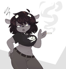 anthro belly belt big_breasts black_bottomwear black_clothing black_hair black_shirt black_topwear bottomwear breasts cigarette clothing collar denim denim_bottomwear denim_clothing emanata eyelashes female frustration_cloud grey_body hair hand_on_butt holding_cigarette holding_object horn jeans lips navel pants purple_eyes shirt simple_background skull_and_crossbones smoke smoking smoking_cigarette solo spiked_collar spikes thick_bottom_lip topwear graev parappa_the_rapper sony_corporation sony_interactive_entertainment um_jammer_lammy rammy_lamb bovid caprine mammal sheep
