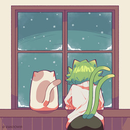 2_tails ambiguous_gender butt clothed clothing duo feral green_hair green_tail hair inside multi_tail rear_view size_difference smaller_ambiguous smaller_feral snow snowing tail tail_motion tail_size_difference thin_tail topwear window randowis lu_(randowis) puss_(randowis) animal_humanoid cat_humanoid domestic_cat felid felid_humanoid feline feline_humanoid felis humanoid mammal mammal_humanoid 1:1 2017 animated