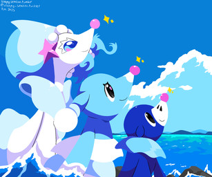 ambiguous_gender black_eyes blue_body blue_eyes blue_hair cloud eyelashes feral gem group hair markings pearl_(gem) sea sky smile sparkles starfish_(accessory) trio water whisker_markings white_body sleepy_sealion nintendo pokemon aquatic asterozoan brionne echinoderm generation_7_pokemon pokemon_(species) popplio primarina starfish 2025 6:5 dated hi_res signature