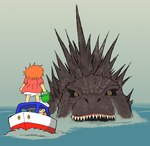 ambiguous_gender boat female hair male orange_hair parody sea size_difference vehicle water watercraft numanohito1954 ghibli godzilla_(series) godzilla_minus_one ponyo_on_a_cliff_by_the_sea toho godzilla ponyo sosuke_(ponyo) human kaiju mammal monster crossover hi_res