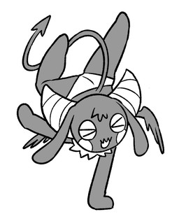 2_horns >_< anthro big_horn black_body black_ears black_fur black_tail black_tuft black_wings cheek_markings clothing eyes_closed facial_markings featureless_feet featureless_hands feet female female_anthro floppy_ears fur handstand head_markings horn long_ears lop_ears markings membrane_(anatomy) membranous_wings on_one_hand open_mouth open_smile panties simple_background small_wings smile solo spade_tail tail tuft underwear white_background white_cheeks white_clothing white_horn white_markings white_panties white_underwear wings o-den bibi_(o-den) demon succubus 2026 digital_media_(artwork) monochrome