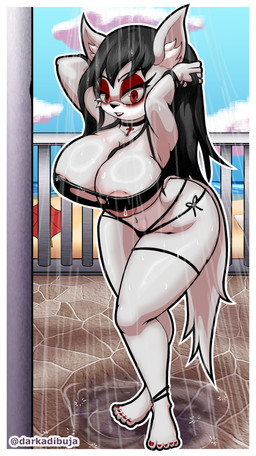 anthro areola areola_slip bathing beach clothing eyeshadow female makeup nipple_slip nipples showering showering_while_clothed solo swimwear text darkadibuja sega sonic_the_hedgehog_(series) absurd_res artist_name hi_res