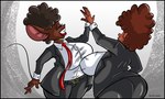 anthro big_breasts big_butt bottomwear breasts brown_body brown_fur brown_hair buckteeth business_suit butt clothing collared_shirt dress_shirt duo eyes_closed female fur gesture hair high_five huge_breasts jacket lips necktie pants red_lips shirt smile suit teeth topwear dutch_(artist) coffeebean_(dutch) human mammal mouse murid murine rodent 2023 5:3 digital_media_(artwork) hi_res