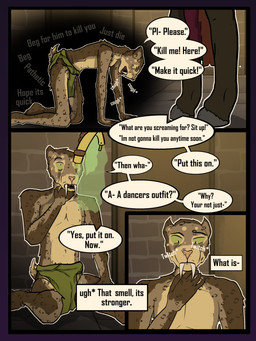all_fours anthro bottomwear brown_body brown_fur claws clothed clothing confusion cough dancing_costume dialogue door dungeon fangs finger_claws fingers fur green_eyes hand_on_neck hooves inner_monologue loincloth loincloth_only male markings onomatopoeia pivoted_ears scut_tail short_tail size_difference small_tail sound_effects speech_bubble spots spotted_body spotted_fur tail tan_body tan_fur tear_stains teeth text thinking topless trauma familiar_nobody rhan_(familiar_nobody) bovid felid feline mammal prehistoric_species saber-toothed_tiger 3:4 absurd_res comic english_text hi_res