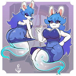anthro big_breasts big_butt big_hair blue_hair breasts butt cleavage clothed clothing dress eyelashes eyeshadow fangs female front_view fur gesture ghost_tail hair hand_on_hip huge_butt long_hair looking_at_viewer looking_back looking_back_at_viewer makeup multicolored_hair multiple_poses one_eye_closed pose purple_background purple_clothing purple_dress purple_eyes purple_eyeshadow purple_hair purple_tongue rear_view side_boob simple_background smile solo teeth thick_thighs tongue tongue_out translucent translucent_body two_tone_hair white_background white_body white_fur wide_hips wink winking_at_viewer mrn0b0dy20 mario_bros mario_plus_rabbids_sparks_of_hope nintendo raving_rabbids rayman_(series) ubisoft midnite_(mario_plus_rabbids) ghost lagomorph leporid mammal rabbid rabbit spirit 1:1 hi_res