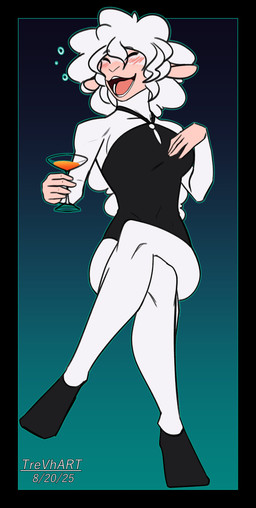 afro alcohol anthro beverage black_clothing black_dress blush clothed clothed_anthro clothed_female clothing cocktail crossed_legs dress female footwear fur hair martini shoes sitting swimwear white_body white_fur white_hair trevhart bovid caprine mammal sheep 2025 absurd_res hi_res