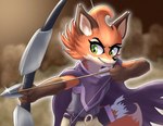 action_pose anthro armor arrow_(weapon) belt bow_(weapon) brown_body brown_fur cloak clothing drawing_bowstring female fur green_eyes orange_body orange_fur pose purple_cloak purple_clothing quiver_(object) ranged_weapon solo tan_body tan_fur teeth_showing weapon liet4649 dungeons_of_aether rivals_of_aether fleet_(dungeons_of_aether) canid canine fox mammal red_fox true_fox 2023 hi_res