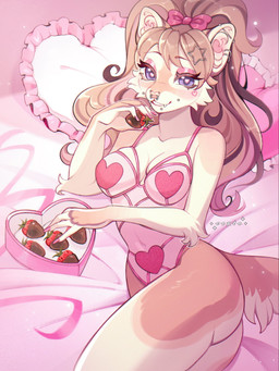 accessory anthro bed blue_eyes bow_ribbon breasts butt cheek_tuft clothing collarbone ear_piercing eyelashes facial_piercing facial_tuft fangs female food fruit fur furniture hair hair_accessory hair_bow hair_ribbon hairclip heart_pillow holding_food holding_object leotard long_hair lying medium_breasts multicolored_body multicolored_fur multicolored_hair nose_piercing on_bed piercing pillow pink_clothing pink_eyelids pink_leotard pink_nose plant ponytail ribbons smile solo strawberry tail teeth tuft cepto_(artist) canid canine canis domestic_dog mammal 2024 3:4 colored digital_drawing_(artwork) digital_media_(artwork) hi_res shaded