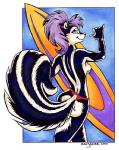 anthro bikini black_body black_fur blue_eyes breasts butt clothed clothing female fur hair purple_hair side_boob solo surfboard swimwear topless two-piece_swimsuit vehicle watercraft white_body white_fur xianjaguar hit_the_beach mammal mephitid skunk 2001 signature