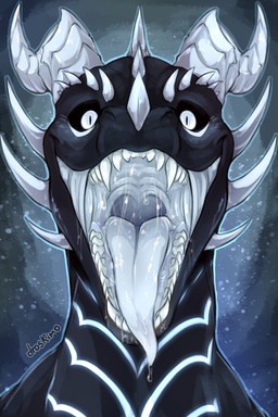 black_body black_scales bodily_fluids dripping facial_horn facial_spikes fangs female feral glowing glowing_markings horn markings mouth_shot open_mouth pupils saliva saliva_drip saliva_on_tongue saliva_string scales sharp_teeth simple_background slit_pupils solo spikes spikes_(anatomy) teeth throat tongue white_eyes white_facial_markings white_horn droskimo mythology aersi_(topbat) dragon mythological_creature mythological_scalie reptile scalie 2:3 hi_res